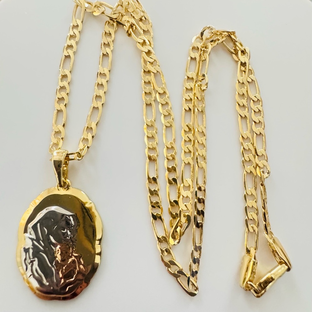 14K Gold plated tricolor mom and son Pendant 20” Necklace. New